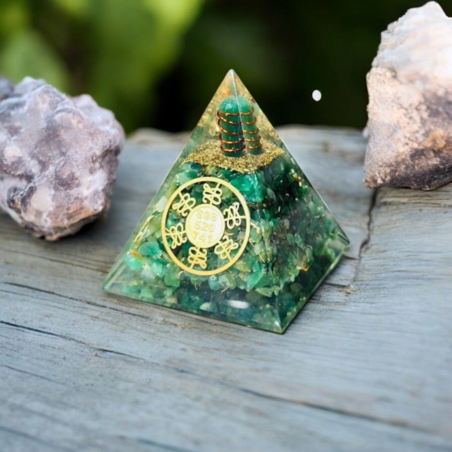 Green Aventurine Orgonite Energy Pyramid with Healing Crystal and Sacred Geometry Symbol